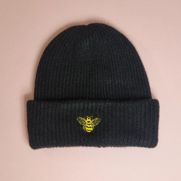 Embroidered Bee Cosy Ribbed Beanie