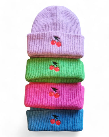 Embroidered Cherry Cosy Ribbed Beanie