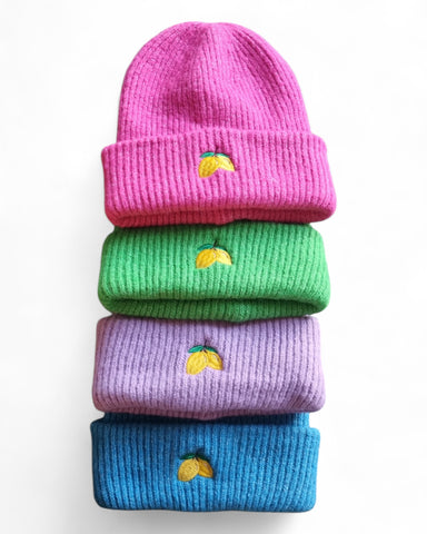 Embroidered Lemon Cosy Ribbed Beanie