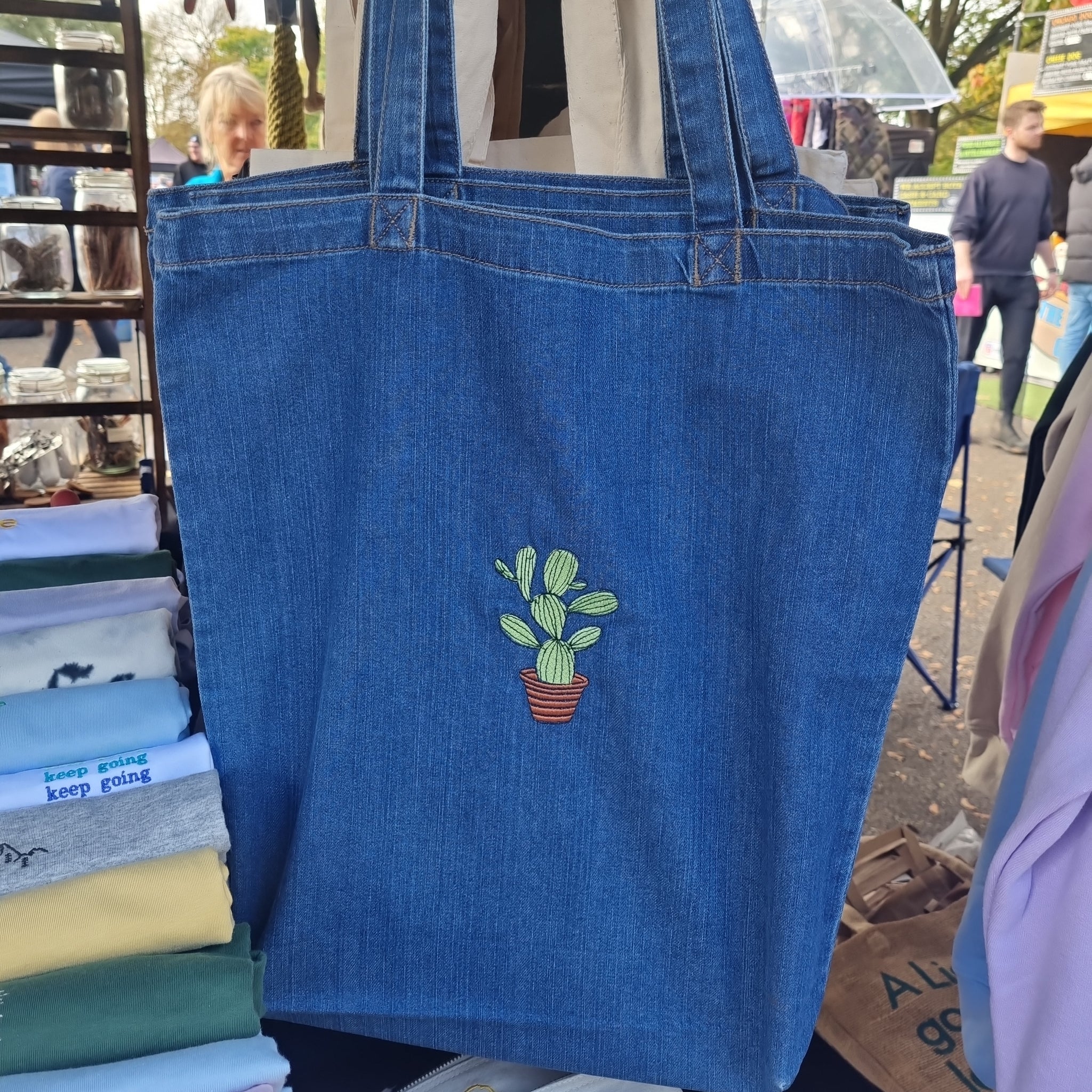 Embroidered Denim Cactus Tote Bag